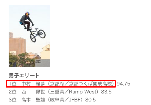 日本自転車競技連盟掲載の中村輪夢の所属高校